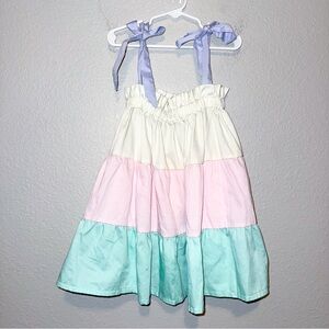 Southern Sass Smocks Girls Tiered Layered Colorblock  Tie Shoulder Casual Dress